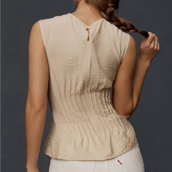 Anthropologie Tan Pleated Smocked Blouse - Picture 8 of 9